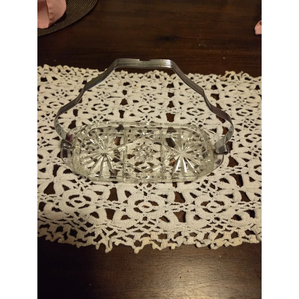Clear Glass anchor hocking butter dish with metal handle, Scroll Work